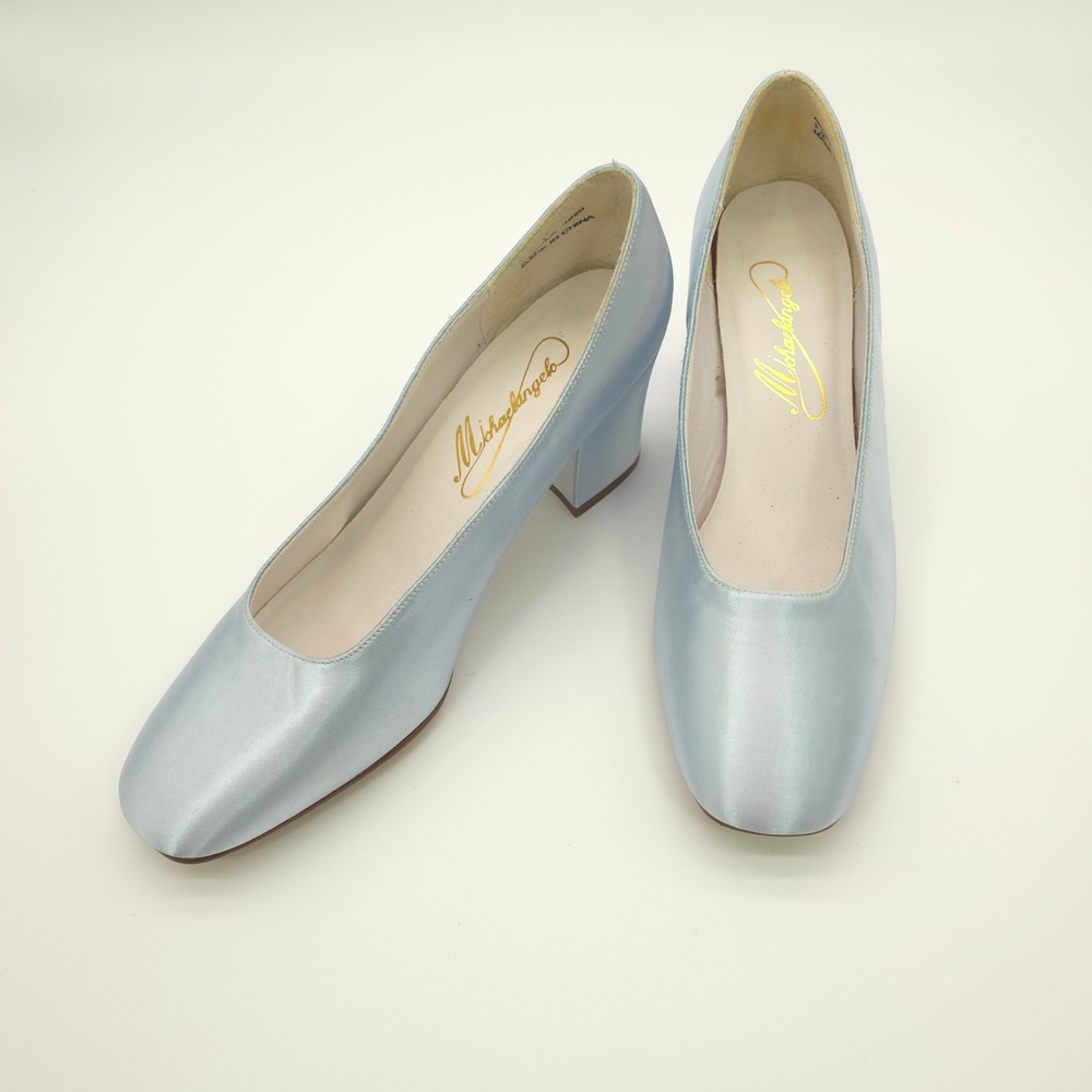 Michaelangelo Satin Block Heel Pumps Light Blue Square Toe Women Size 9 M